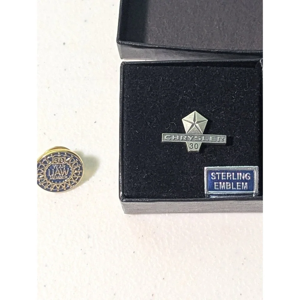30 Year Chrysler Sterling Silver Tie Pin & 30 Year UAW Lapel Pin